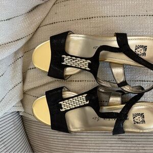Anne Klein Black and Gold Low-Heel Dress Sandals